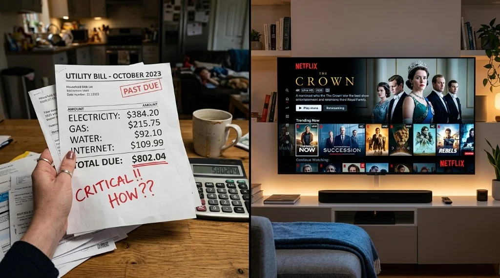 Split screen showing an expensive UK household energy utility bill next to a modern 4K TV displaying a rich streaming interface