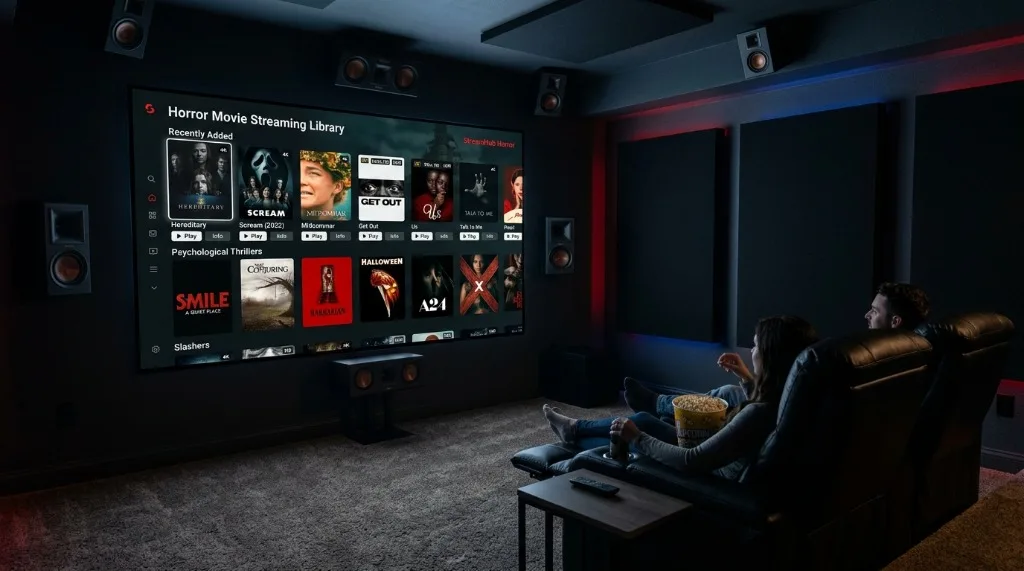 Modern home cinema room displaying a massive 4K horror movie streaming library interface on an OLED TV
