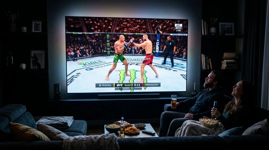 Couple watching full UFC Boxing PPV VOD replays in 4K on a large Smart TV in living room